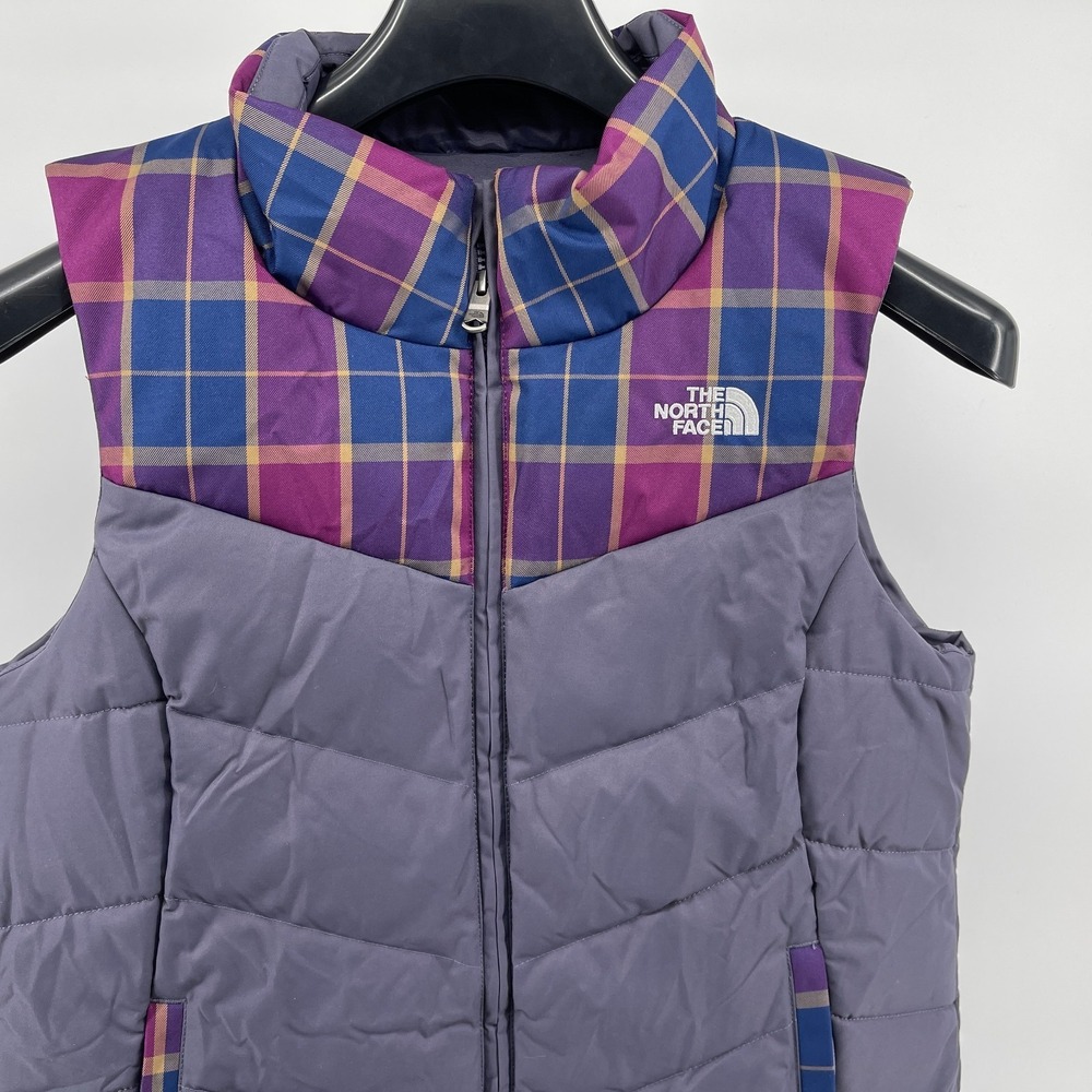North Face Womens Sheka Vest Medium Blue Plaid Insulated Goose Down NEW